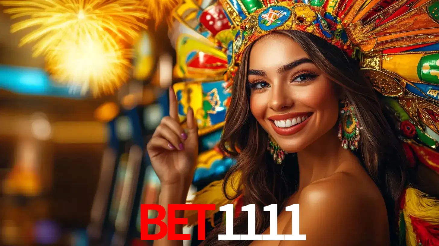 Mulher sorridente com um cocar de carnaval vibrante e colorido, celebrando uma grande vitória nos jogos do cassino bet1111 com fogos de artifício ao fundo.