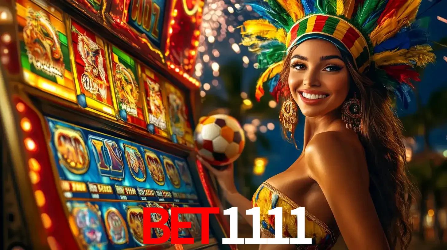 Mulher com um cocar de carnaval ao lado de uma máquina de caça-níqueis enquanto segura uma bola de futebol, mostrando a união da diversão de cassino e esportes no bet1111.