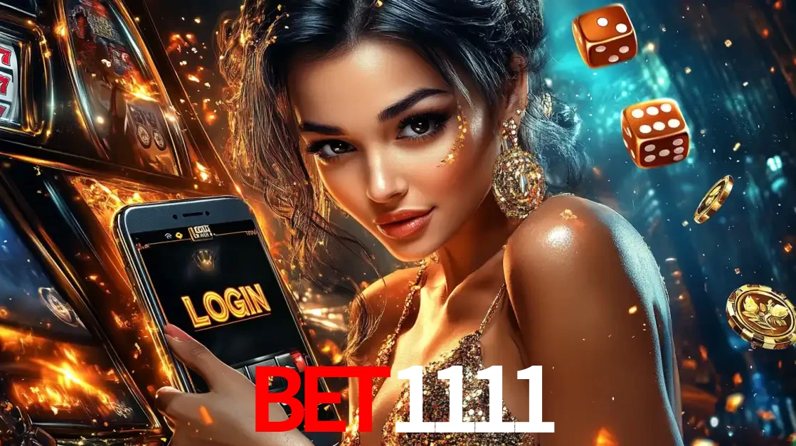 Mulher glamourosa segurando um celular com a tela de login do cassino bet1111, rodeada por dados e moedas douradas, pronta para começar a diversão.