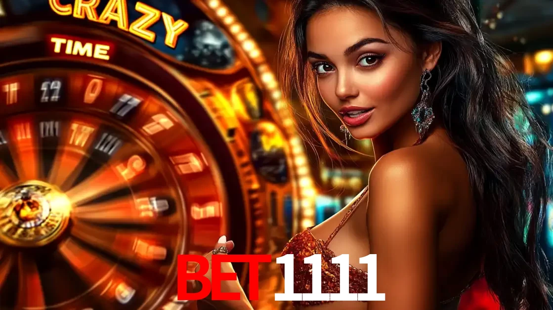 Mulher ao lado da roda de prêmios do jogo de cassino ao vivo Crazy Time, um dos shows de jogos mais emocionantes oferecidos pela plataforma de apostas bet1111.