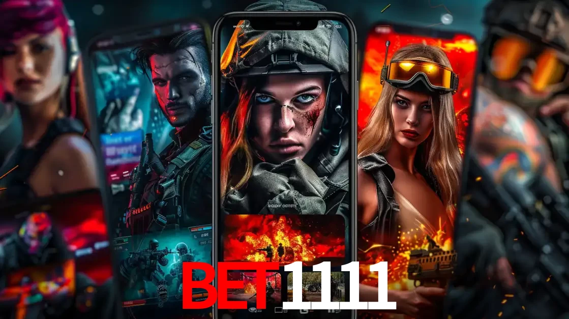 Montagem de telas de celular mostrando diversos personagens, masculinos e femininos, de um jogo de tiro, ilustrando a diversidade de equipes de e-sports para apostar no bet1111.