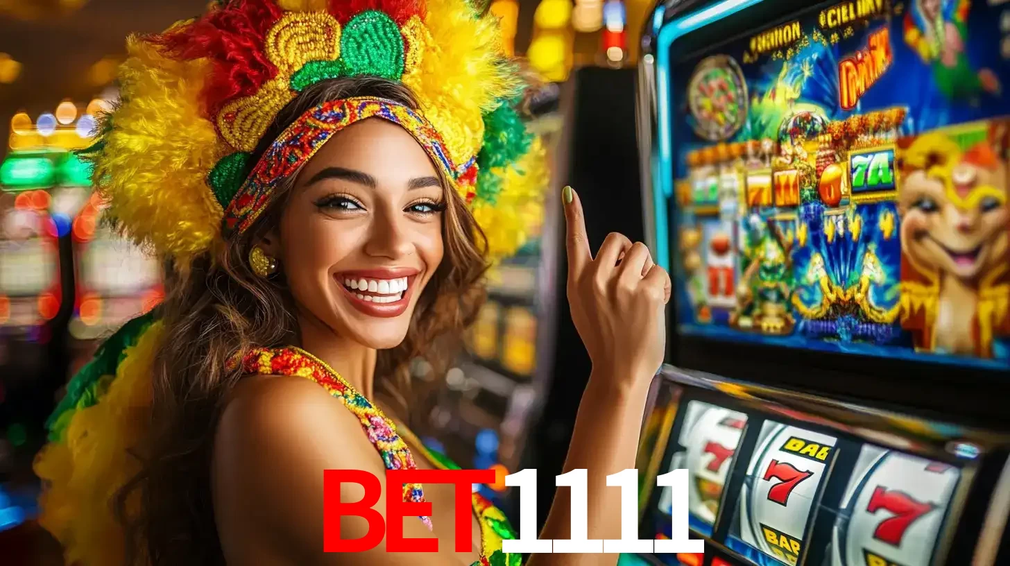 Mulher animada com um cocar de carnaval apontando para uma máquina de caça-níqueis, mostrando a emoção de ganhar um grande prêmio nos jogos do bet1111.