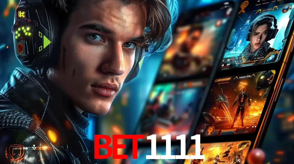 Jovem jogador com fones de ouvido olhando para a câmera, com um aplicativo de jogos e e-sports para celular ao fundo, pronto para a competição e apostas no bet1111.