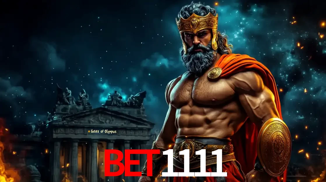O poderoso Zeus do jogo de slot Gates of Olympus em frente ao seu templo, pronto para lançar multiplicadores divinos e prêmios épicos no cassino online bet1111.