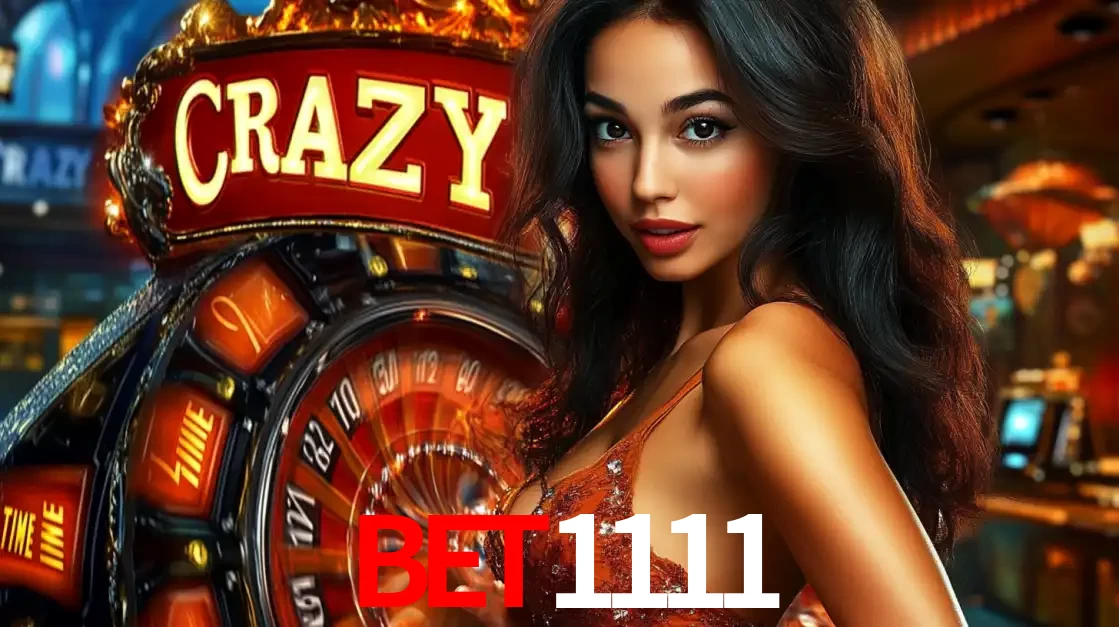 Mulher glamourosa olhando para a câmera com a roda vermelha do Crazy Time ao fundo em um ambiente de cassino, destacando a emoção dos jogos ao vivo no bet1111.