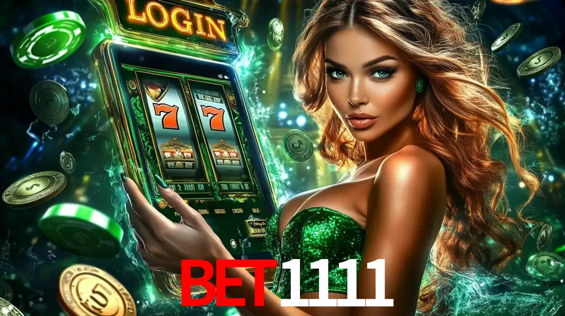 Mulher com tema verde apresentando o aplicativo do cassino bet1111 com um jogo de slot de 777, cercada por fichas de cassino e uma aura de sorte.