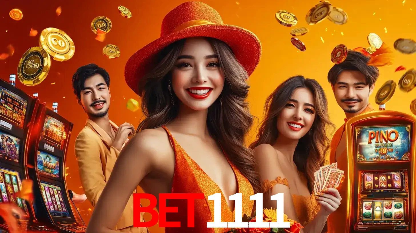 Grupo de amigos asiáticos sorrindo e se divertindo com máquinas de caça-níqueis em um ambiente festivo, celebrando suas vitórias nos jogos de cassino do bet1111.