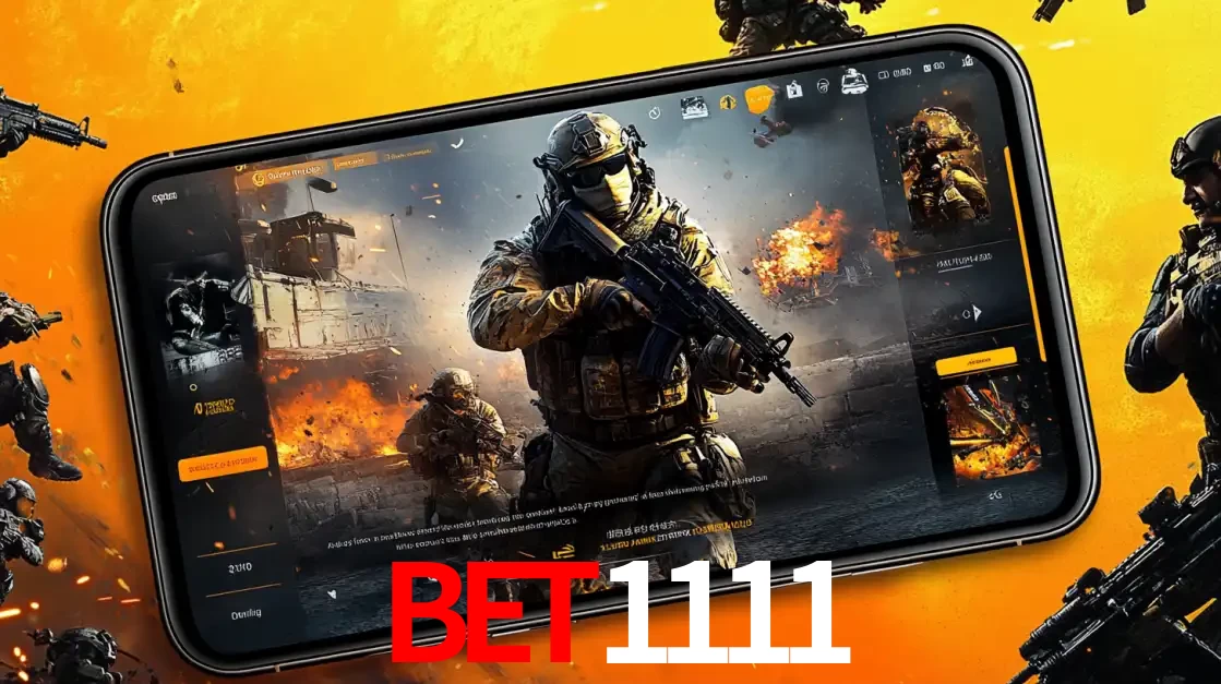 Um smartphone exibindo a interface de um jogo de tiro em primeira pessoa, com um soldado em um cenário de batalha, representando a ação dos e-sports para apostar no bet1111.