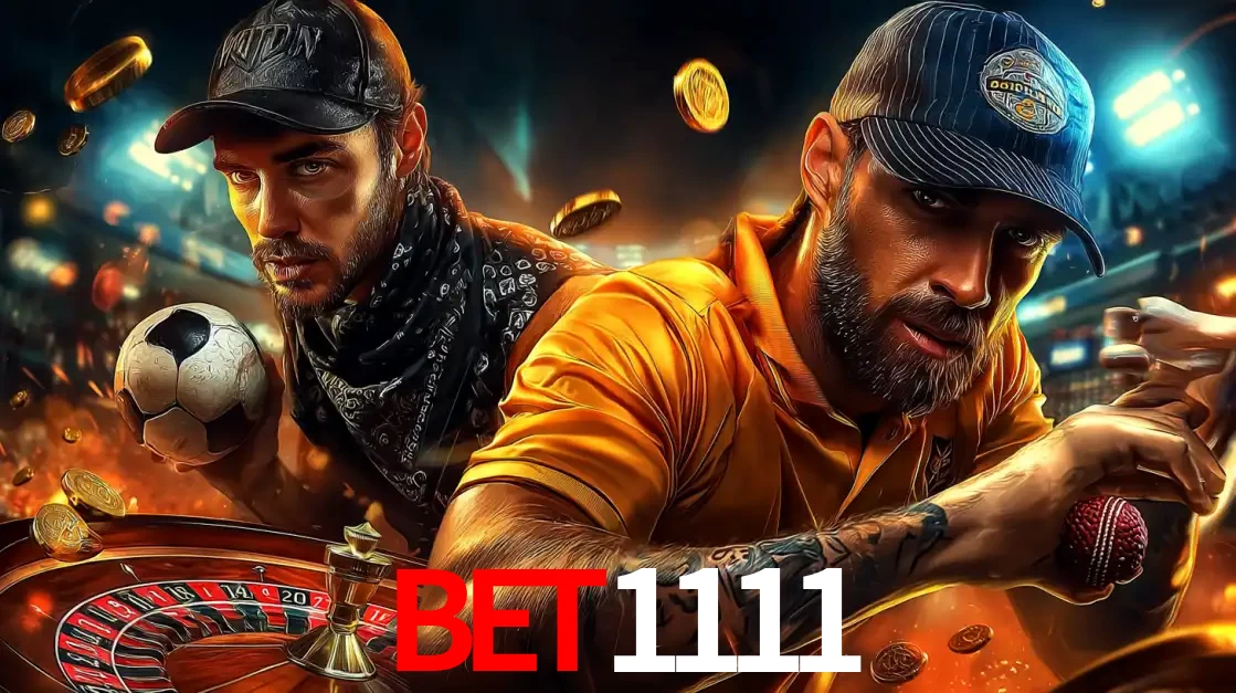 Montagem de apostas esportivas e cassino no bet1111, com um homem segurando uma bola de futebol e outro uma de beisebol sobre uma roleta e moedas voadoras.