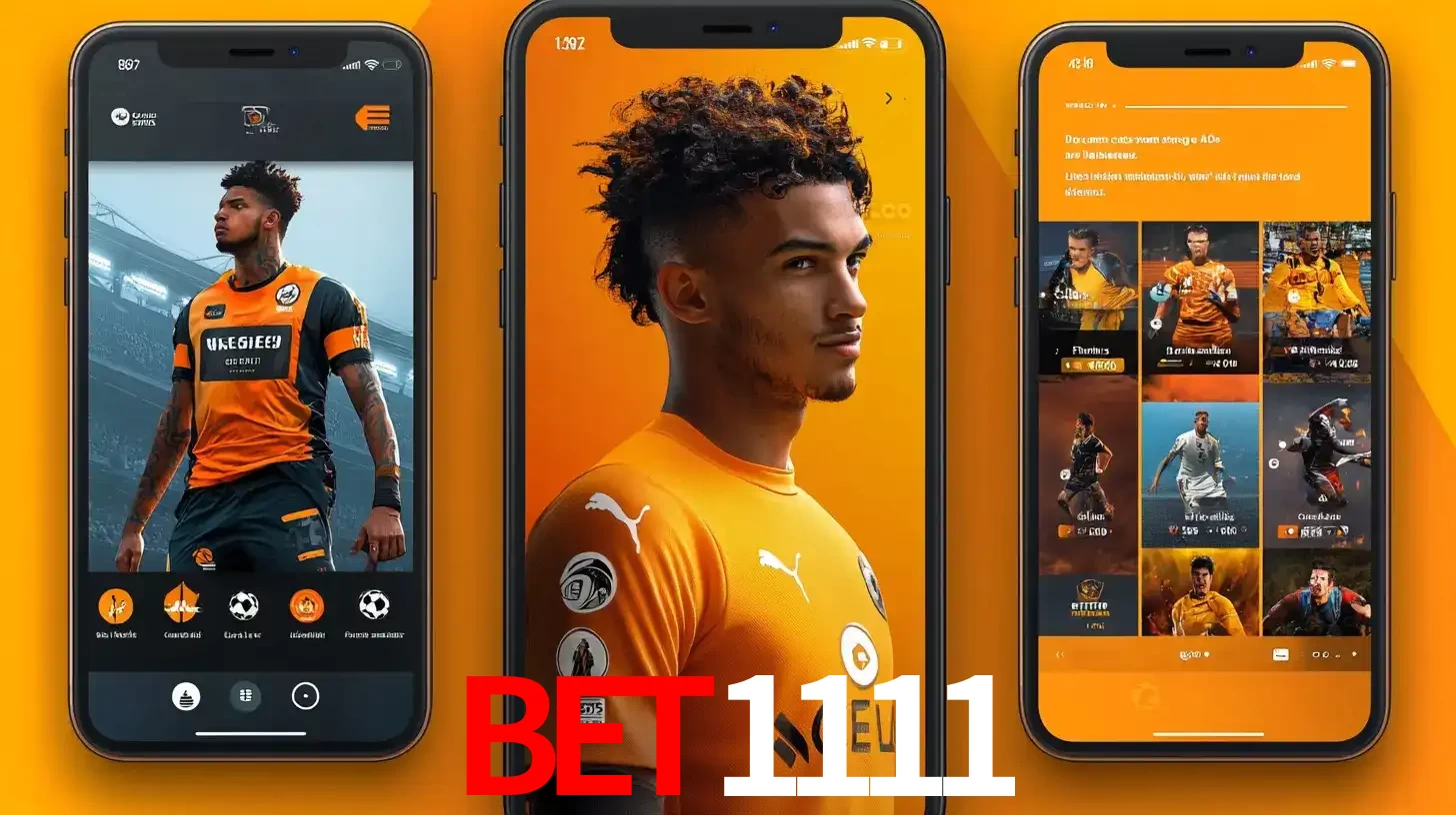 Interface do aplicativo de apostas esportivas bet1111 em três telas de celular, mostrando o perfil de um jogador de futebol e a lista de jogos disponíveis para apostar.