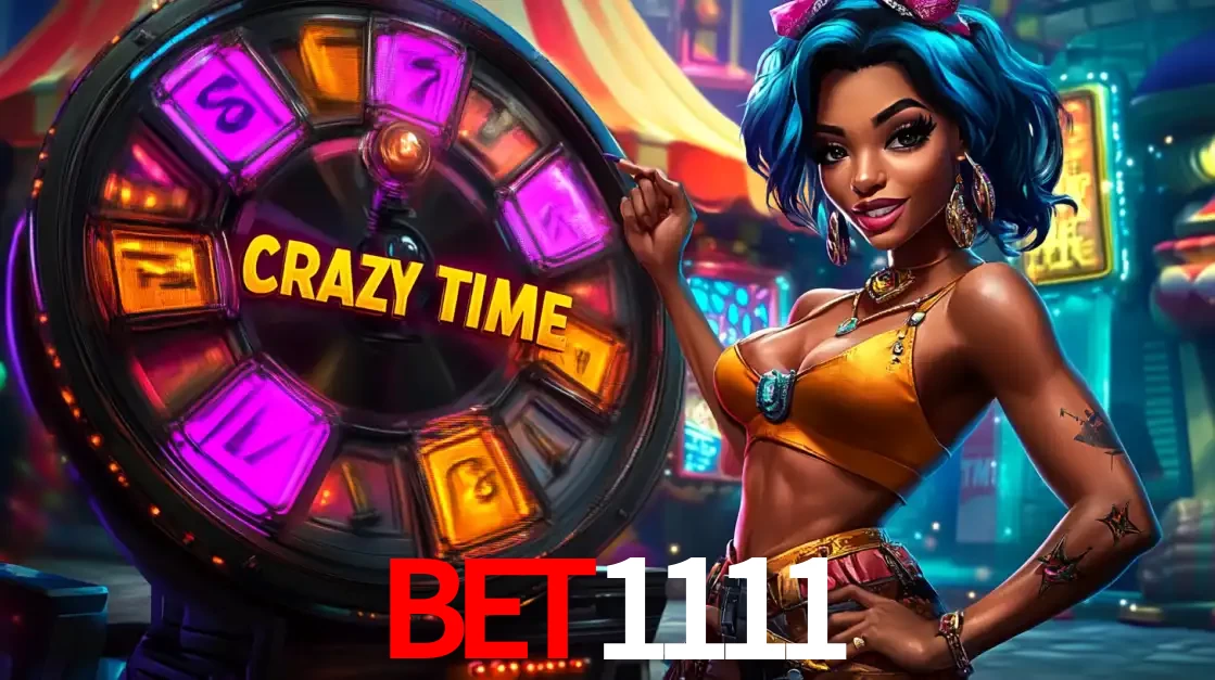 Mulher estilizada com cabelo azul e visual vibrante posando ao lado da roda de prêmios do game show Crazy Time, convidando para a diversão e os bônus do cassino bet1111.