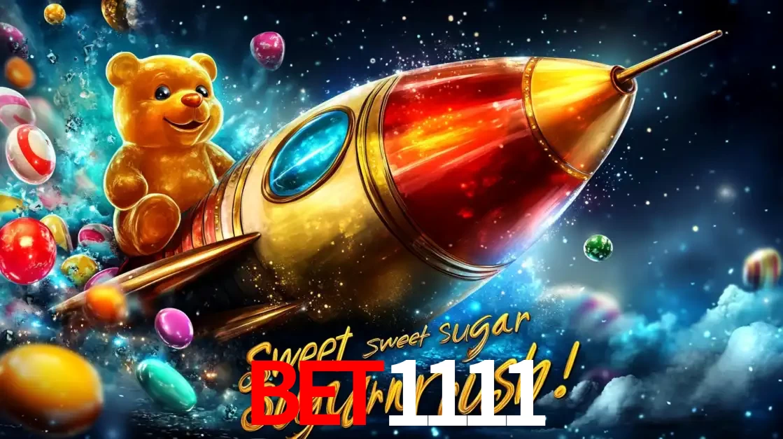 Arte promocional do jogo de slot Sugar Rush, com um urso de pelúcia em um foguete viajando pelo espaço de doces, um dos jogos divertidos disponíveis no cassino bet1111.