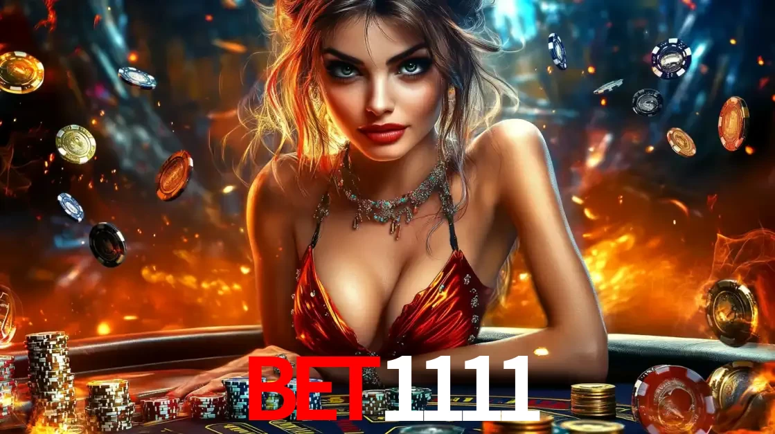 Mulher em uma mesa de cassino com pilhas de fichas e um fundo de fogo, pronta para uma rodada de altas apostas nos jogos de mesa emocionantes do cassino bet1111.