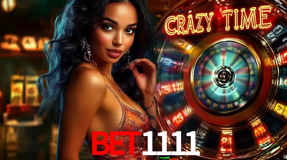 Mulher elegante ao lado da vibrante roda da fortuna do jogo de cassino ao vivo Crazy Time, um dos game shows mais populares e cheios de prêmios do bet1111.