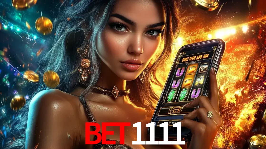 Mulher elegante mostrando um jogo de caça-níqueis em seu smartphone, destacando a experiência de cassino móvel oferecida pelo aplicativo bet1111.