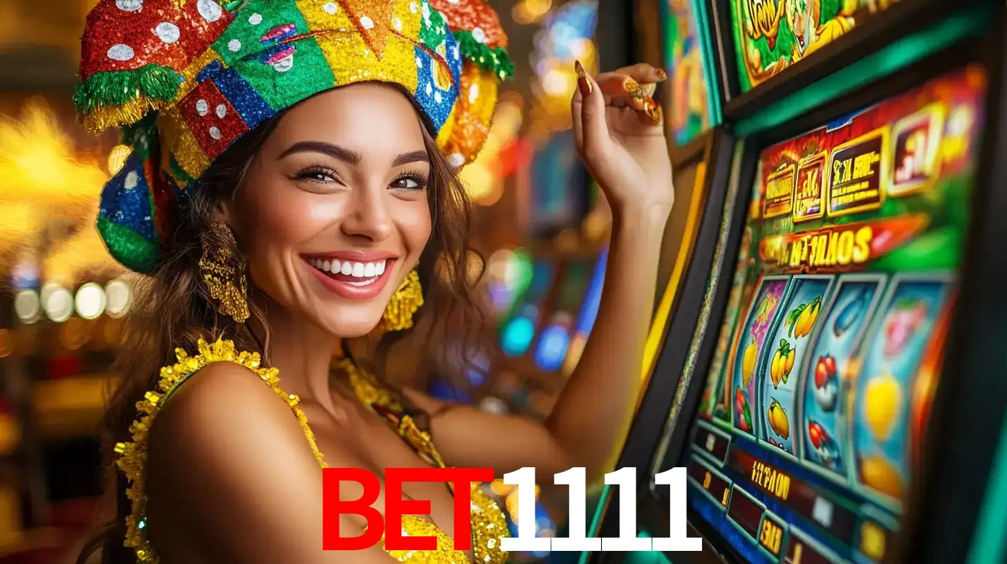 Mulher feliz com traje de carnaval amarelo e colorido ao lado de uma máquina de caça-níqueis, aproveitando a diversão e os jogos temáticos do cassino bet1111.