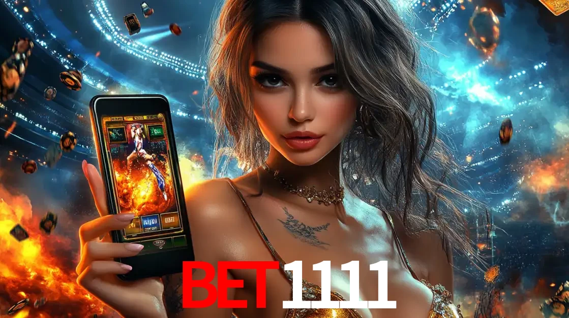 Mulher segurando um celular com um jogo de slot em destaque, tendo como fundo um estádio vibrante, simbolizando a emoção de jogar no cassino móvel bet1111.