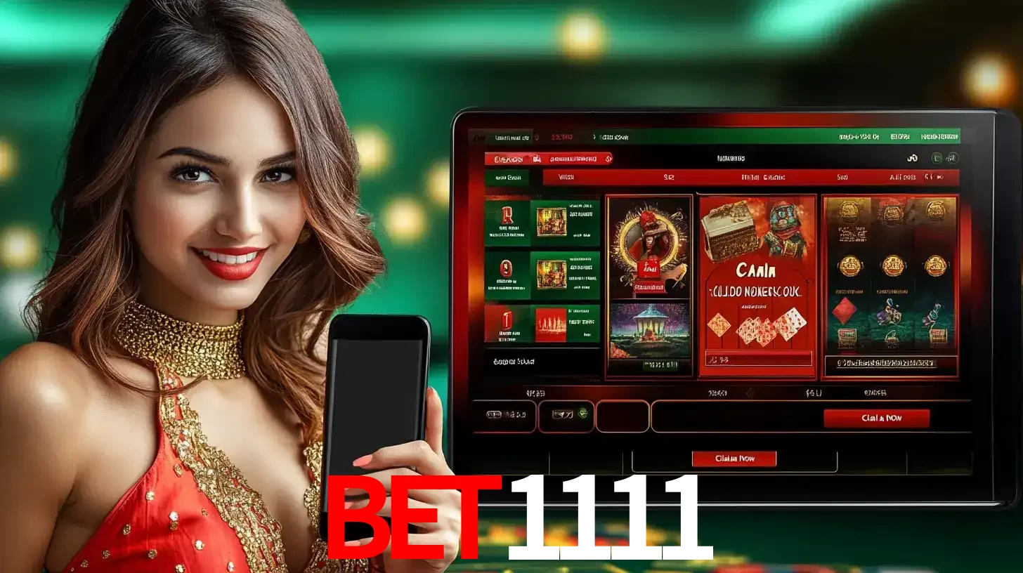 Mulher sorridente segurando um smartphone, ao lado de uma tela exibindo o lobby de jogos do cassino online bet1111, com várias opções de jogos de cartas e slots.